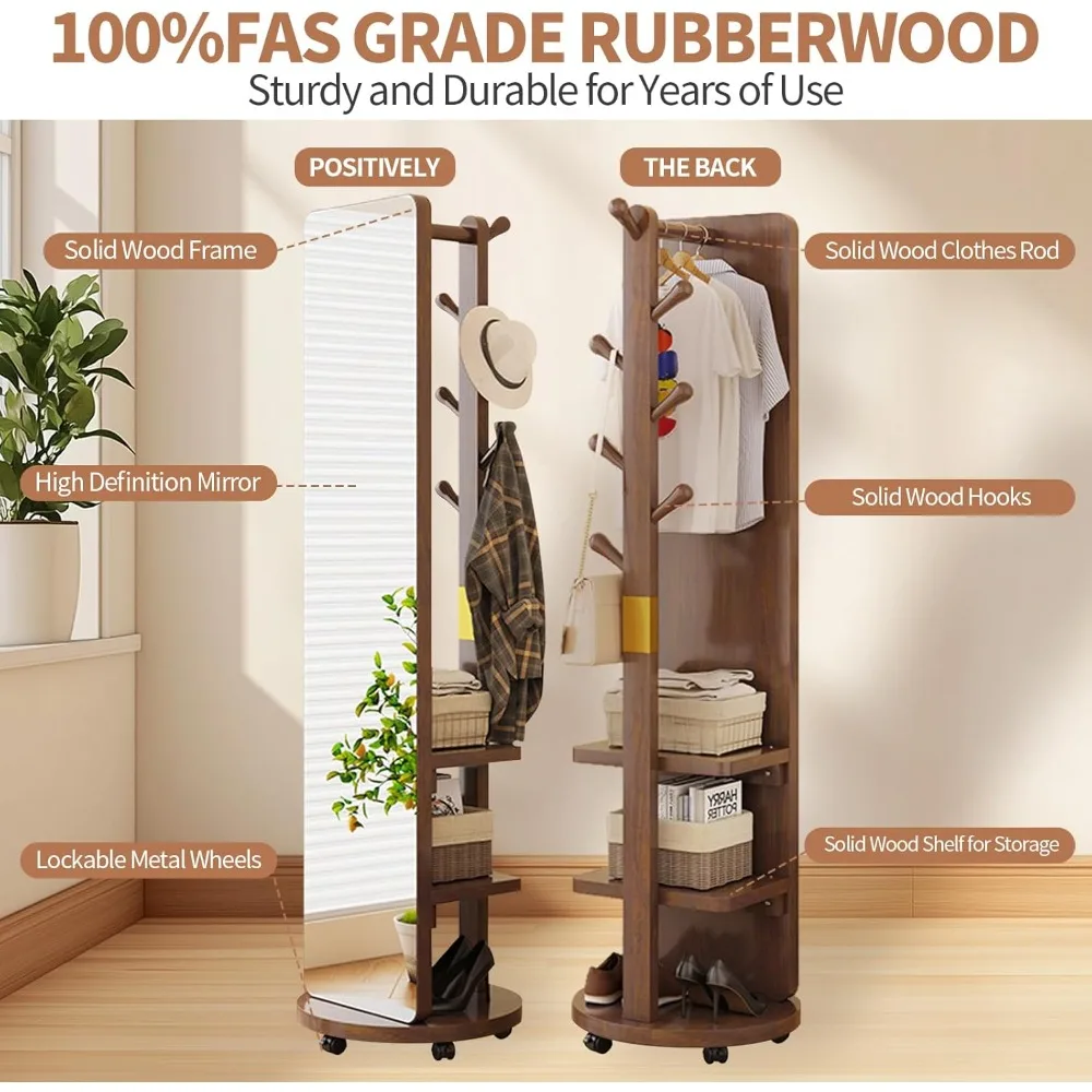 Ganzkörperspiegel, Ganzkörperspiegel, übergroßer Bodenspiegel aus massivem Holz mit Garderobe, Ständer, lange Spiegel mit Ablageflächen f