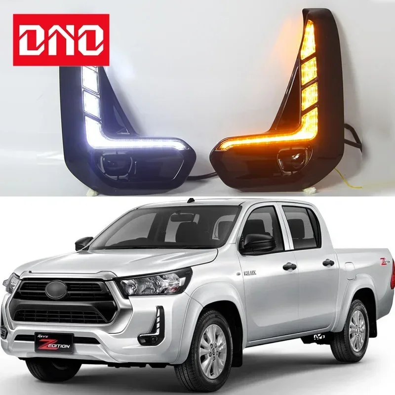 سيارة LED DRL 12 فولت أضواء النهار لتويوتا هايلكس ريفو ريكو 2020 2021 الأصفر بدوره إشارة النهار تشغيل المصابيح الأمامية مصباح قيادة السيارات #2