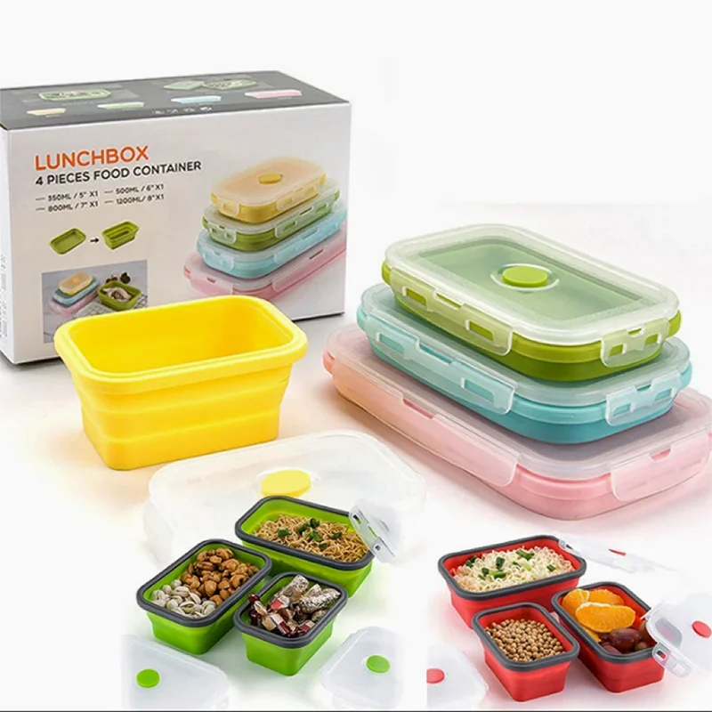 Portable Foldable Silicone Lunch Box Outdoor Picnic Food Storage Containers Bento Box Microwave Heating Kitchen Utensils
