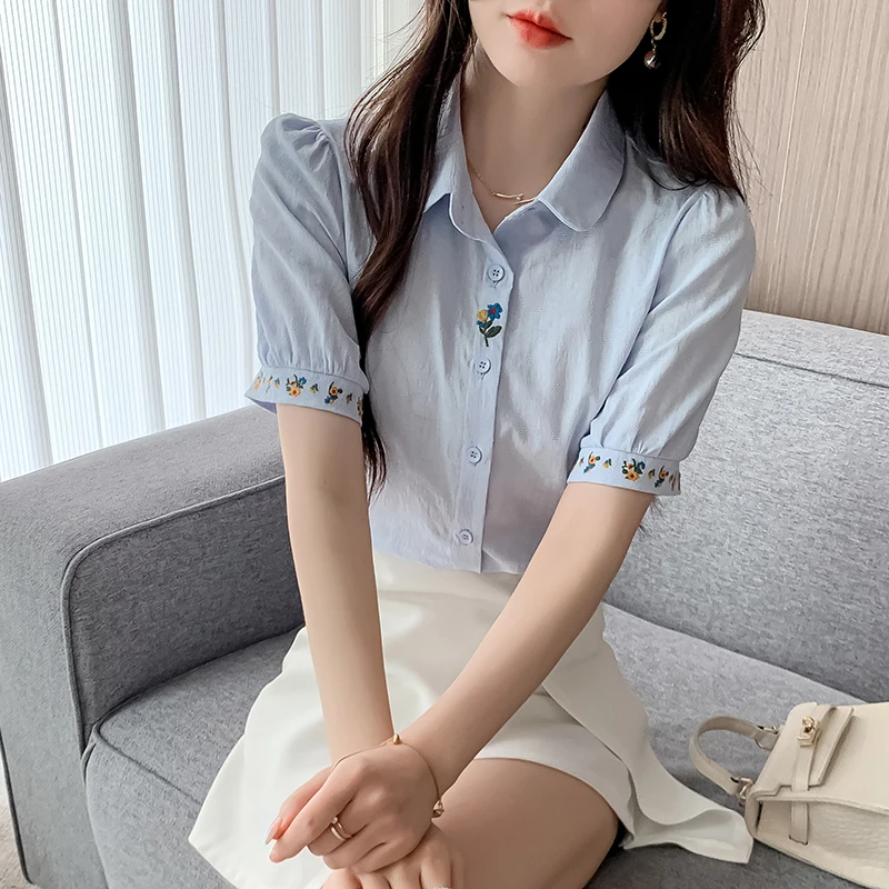 Cotton Embroidered Women's Shirt Summer Casual Womens Tops Short Sleeved Blouse Spring Sweet Female Clothing White Shirt Women