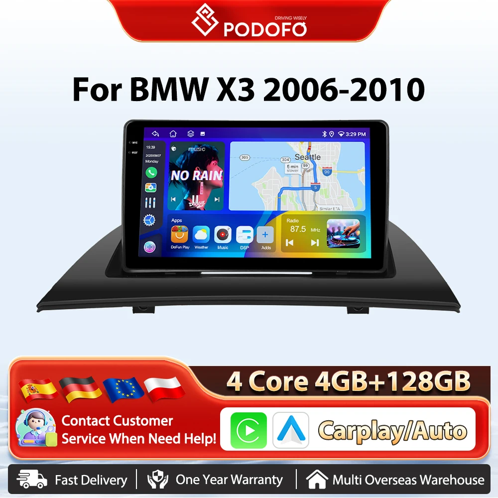 Podofo 9'' Kabelloses Carplay Android Auto Radio für BMW X3 2006-2010 Intelligente Fahrzeugsysteme GPS-Navigation BT FM/RDS 2din Autoradio Plug&Play Head Unit SWC Auto-Multimedia-Stereo Wifi