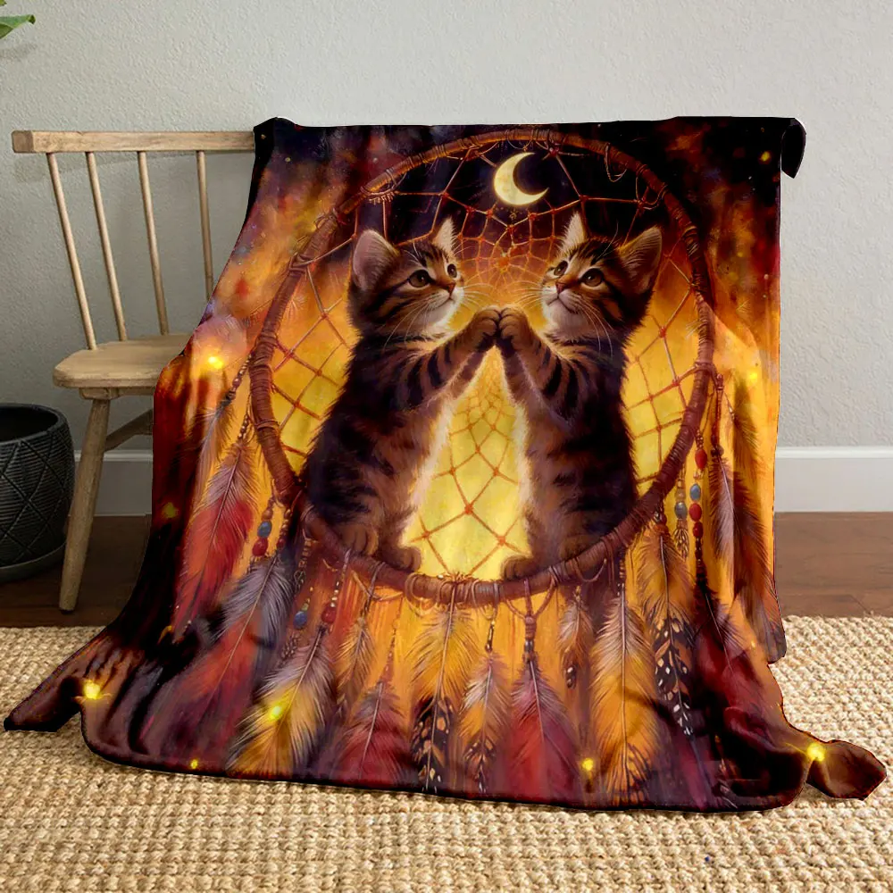 Multi-Sizes Cat Dreamcatcher Print Blanket Home Travel Camping for Adults and Kids Luxury Gifts  Suitable for All Seasons.