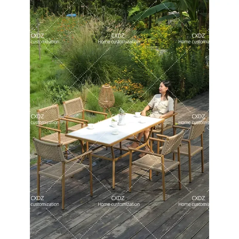 Outdoor Rattan Dining Set Waterproof Sunproof Garden Patio Furniture Simple Leisure Table and Chairs for Villa Balcony