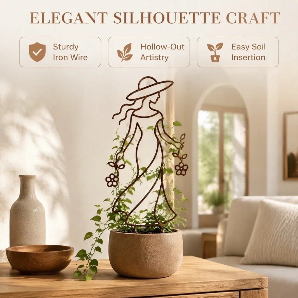 Distressed Iron Character Silhouette Plant Trellis Weather Resistance Strong Load Bearing Lady Plant Support Pile Hollow Out
