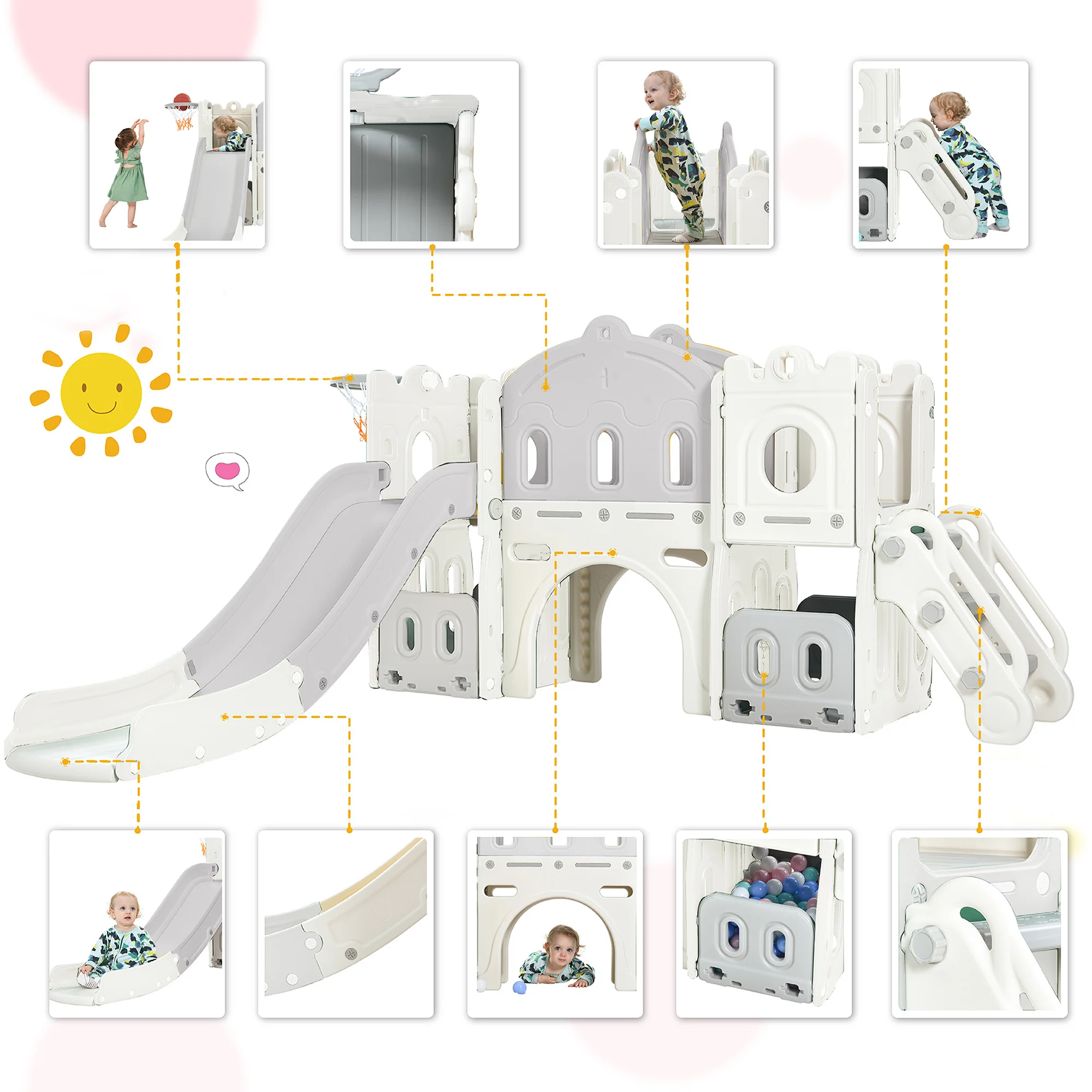 Structure de jeu à glissière pour enfants, grimpeur de château autoportant avec toboggan et panier de basket-ball, évaluation du stockage de jouets pour les tout-petits