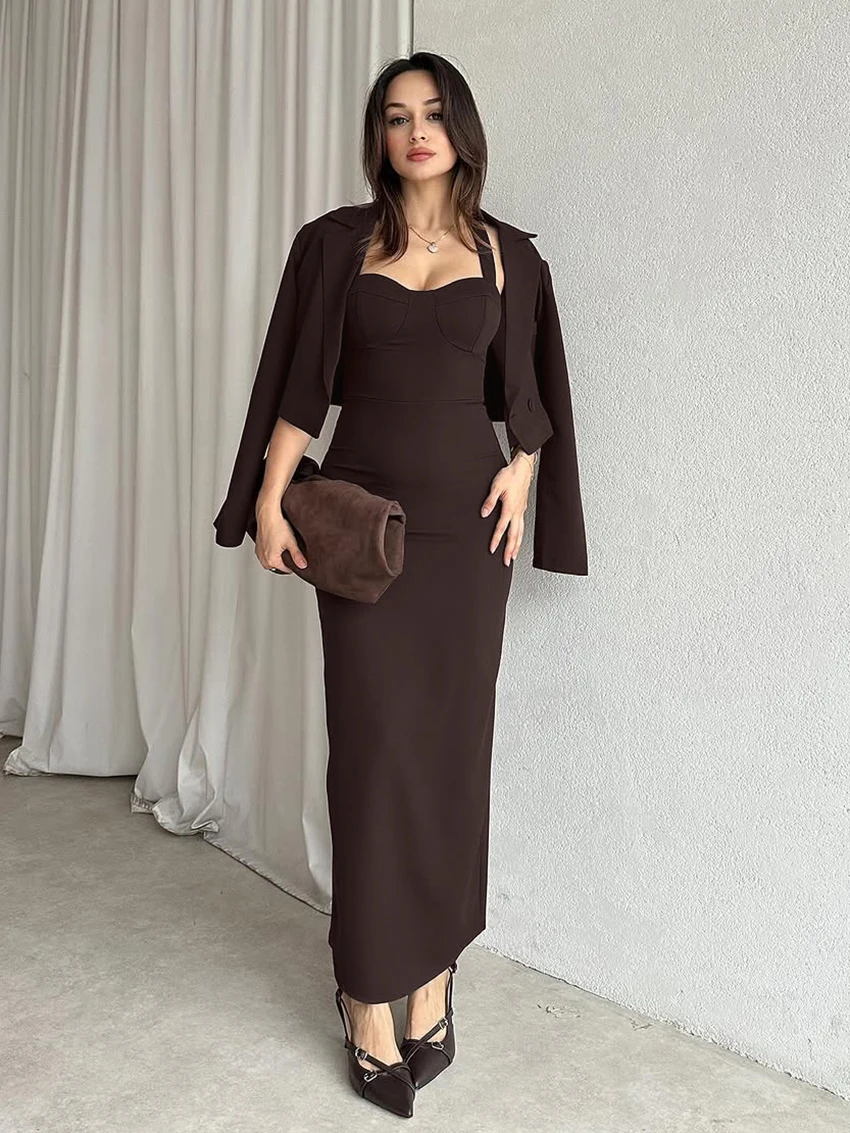 

Marthaqiqi Winter Ladies Pajamas Suit Long Sleeve Robe Turn-Down Collar Nightgowns Spaghetti Strap Ankle-Length Dress Nightwear