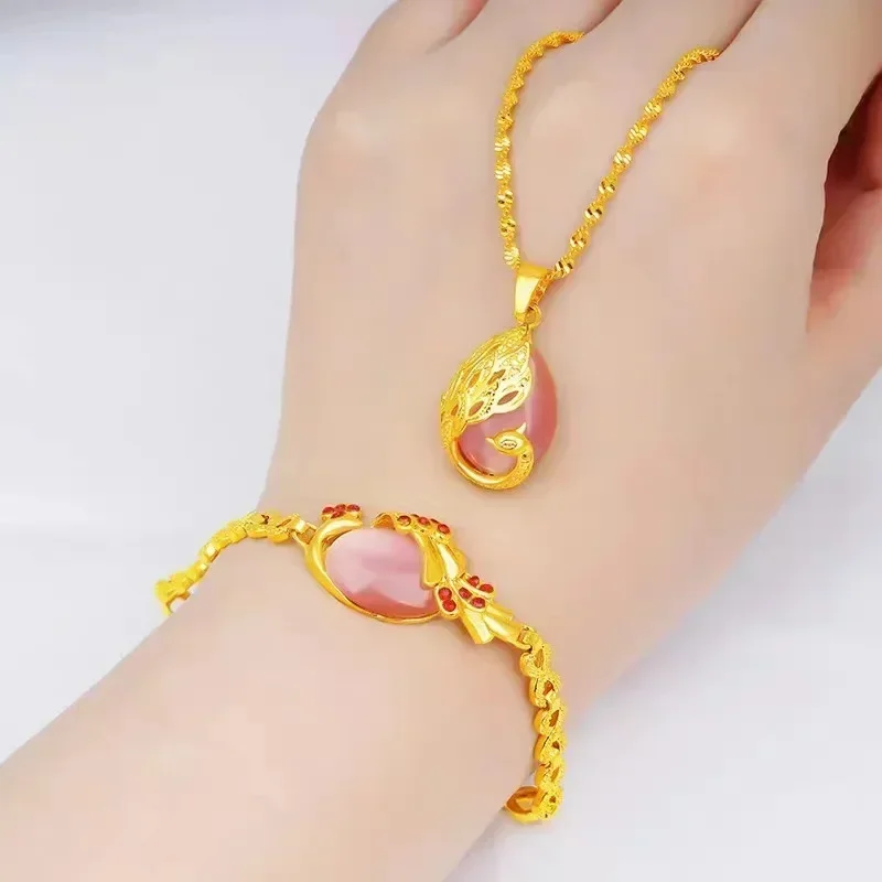 Eldorado Gold  9999 24K real gold Ladies Necklace Bracelet Peacock two-piece Pendant Cat's Eye AU750 Gold jewellery