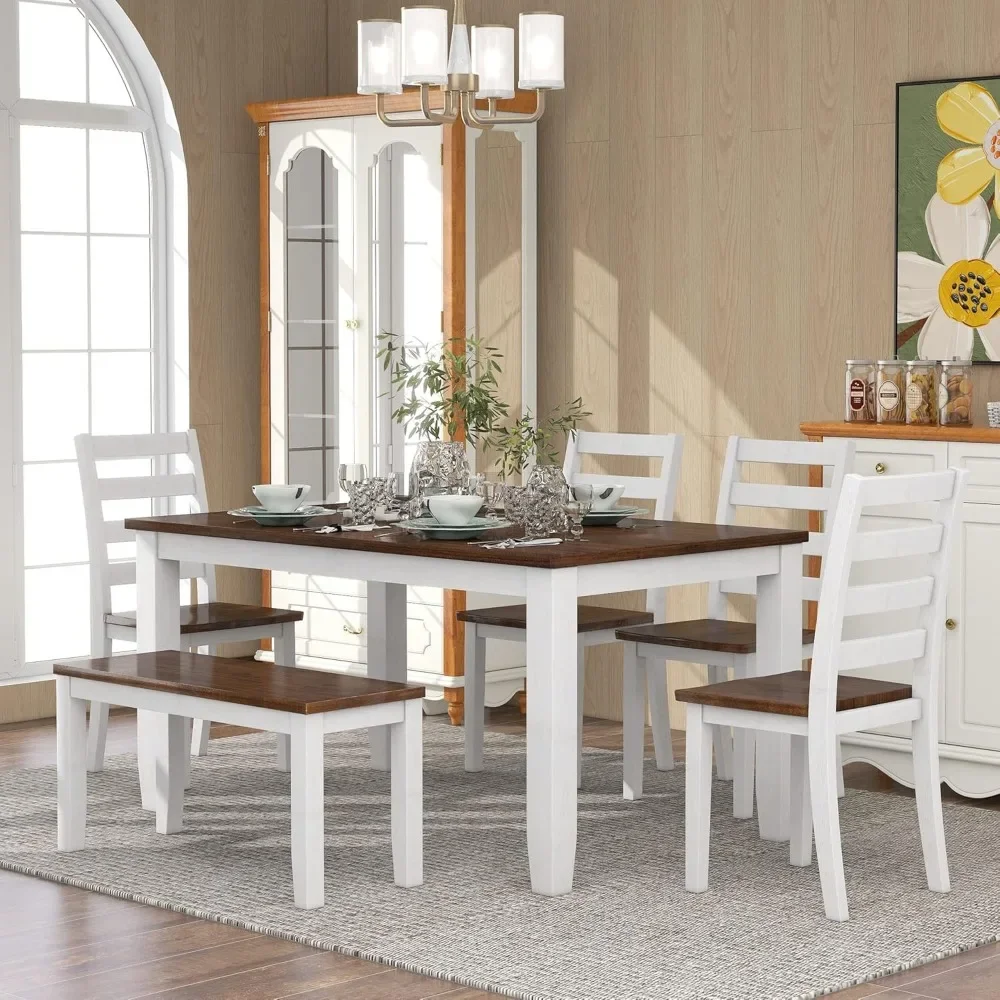 

6-Piece Dining Room Table Set with 4 Ergonomic Designed Chairs & A Bench, Rustic Style Dining Room Set