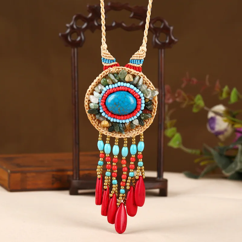 2022 New Ethnic Style Wax Thread Hand-woven Women\'s Sweater Chain Fashion Turquoise Gravel Hanging Spike Long Necklace Jewelry