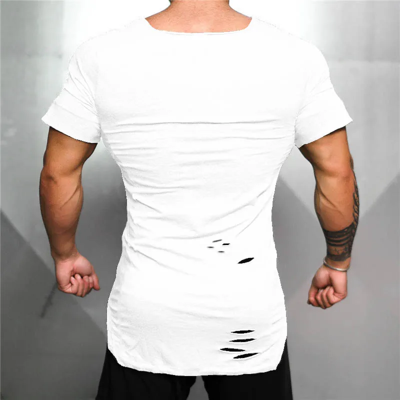 Men Running Sport Hip Hop Hole T-Shirt Cotton Breathable Short Sleeve Square Collar Shirt Gym Bodybuilding Fitness Slim Fit Tops