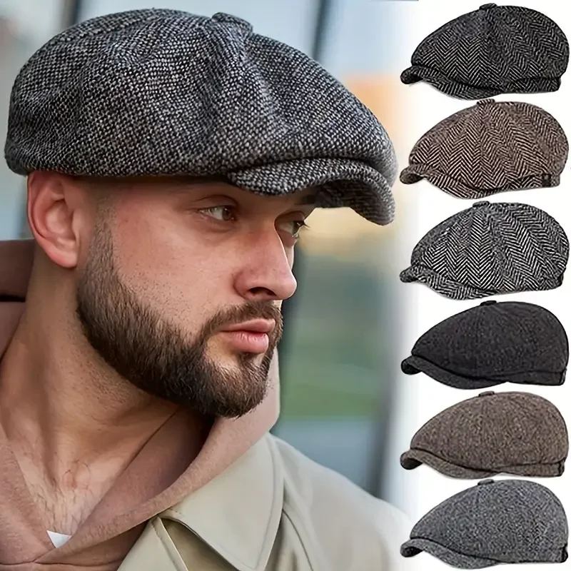 

Hat Men Beret Cabbie Driving Hunting Caps Vintage Tweed Blinders Berets Flat Peaked Cap Street Hats for Men Women