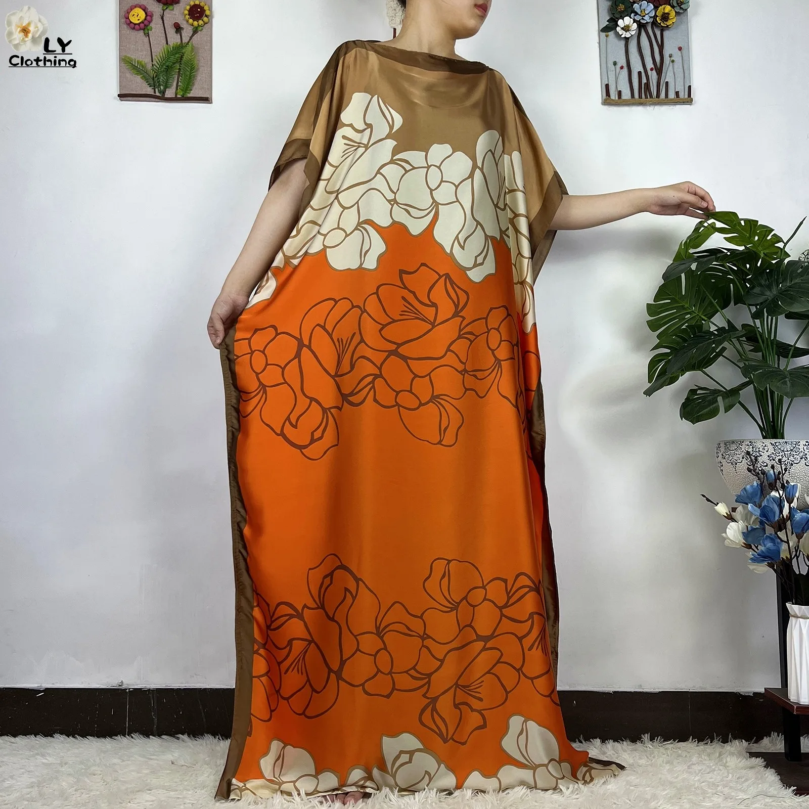 2023 New African Fashion Short Sleeve Colored Pattern Dubai Women Summer Real Silk Soft Printing Loose Tradition Muslim Dress