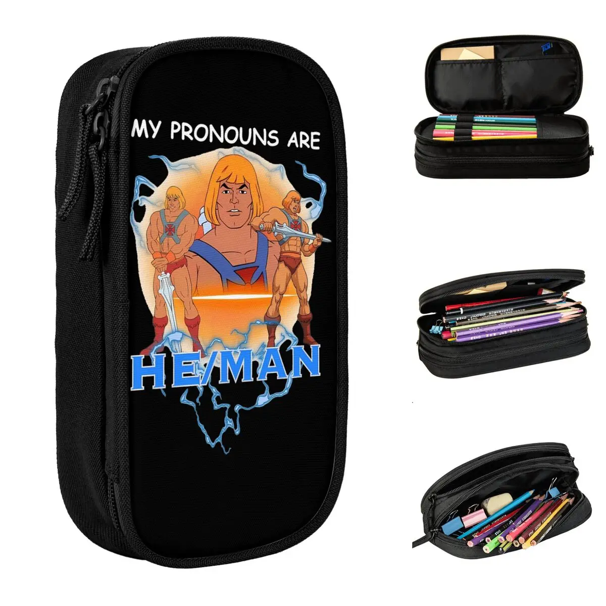 My Pronouns Are Heman Merch Pencil Case Large Capacity Kids Eternia He-Man Pencil Case Stationery Birthday Gift