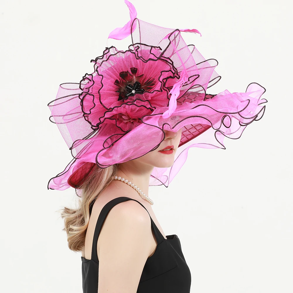 FS Champagne Church Hats For Women Elegant Beach Summer Organza Hat Wedding Kentucky Derby Cap Big Wide Brim Flower Fascinator