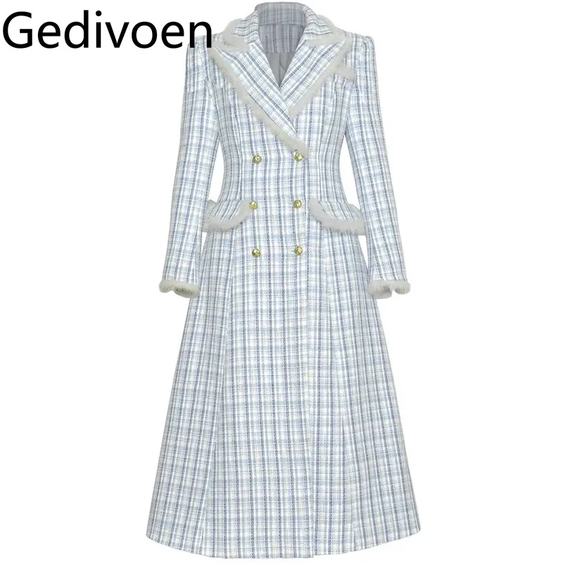 Gedivoen Autumn and winter New Style Vintage Designer Coat Long-Sleeved Double-Breasted Blue Plaid Casual Holiday Overcoat