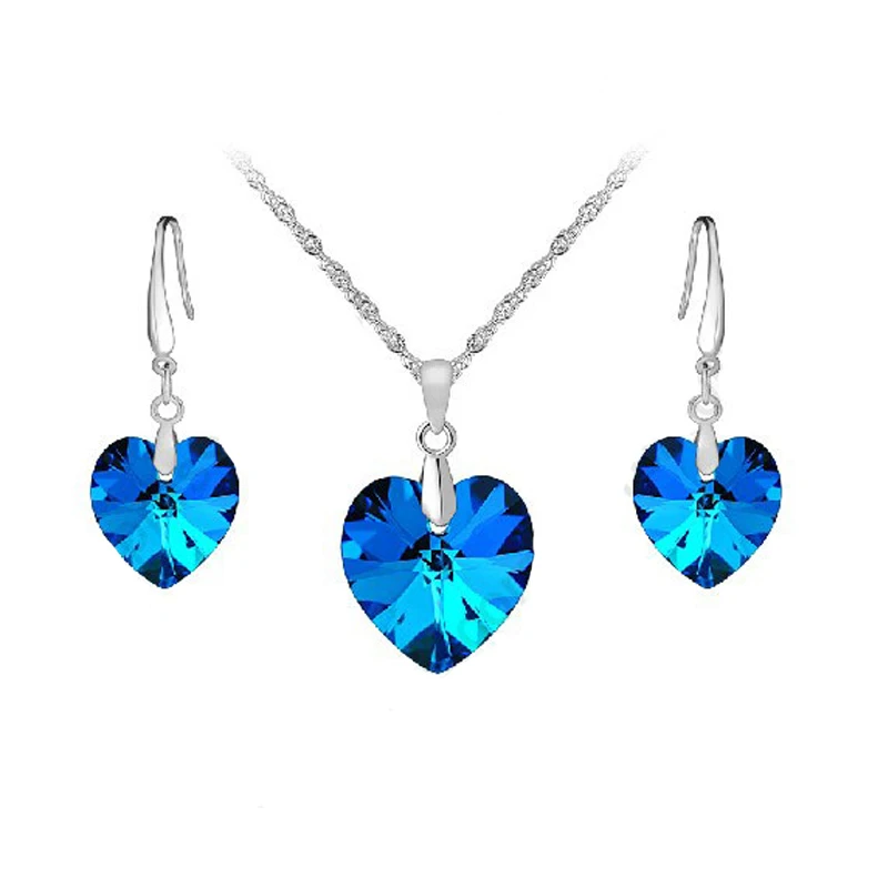 

Big Promotion Fashion Jewelry Set 100% Real 925 Sterling Silver Clear Blue Heart Pendant Necklace/Earrings Sets
