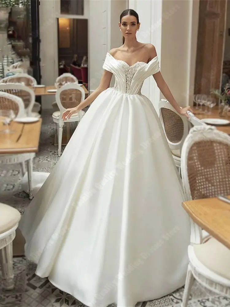 Delicate Satin Finish Lady Wedding Dresses Elegant Off The Shoulder Bridal Gowns Latest Launch Mopping Length Vestidos De Novias