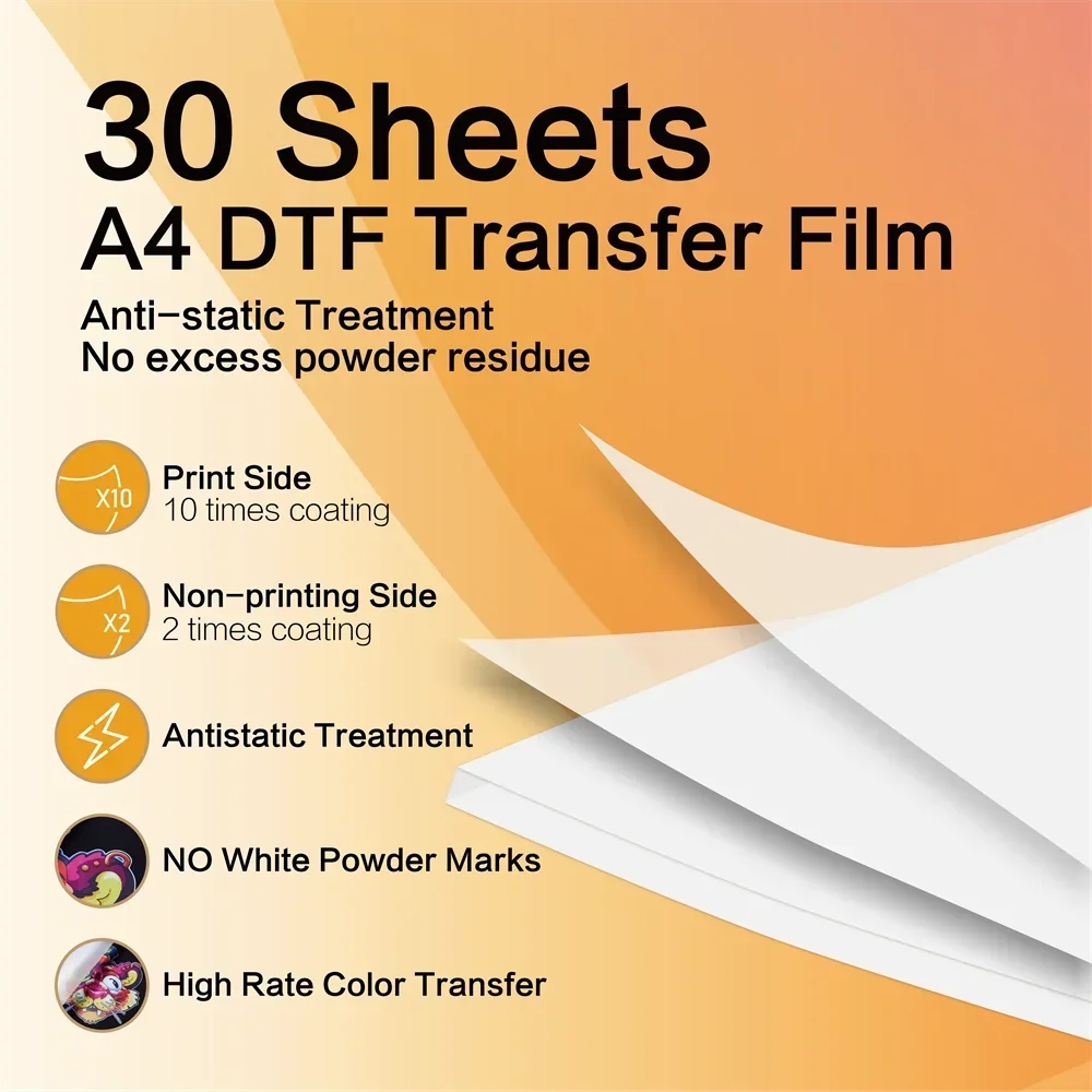 DTF Transfer Film 30 Sheets A4 Matte PET Sublimation DTF Starter Kit &Adheisve Powder Printer Direct Print on T-Shirts Textile