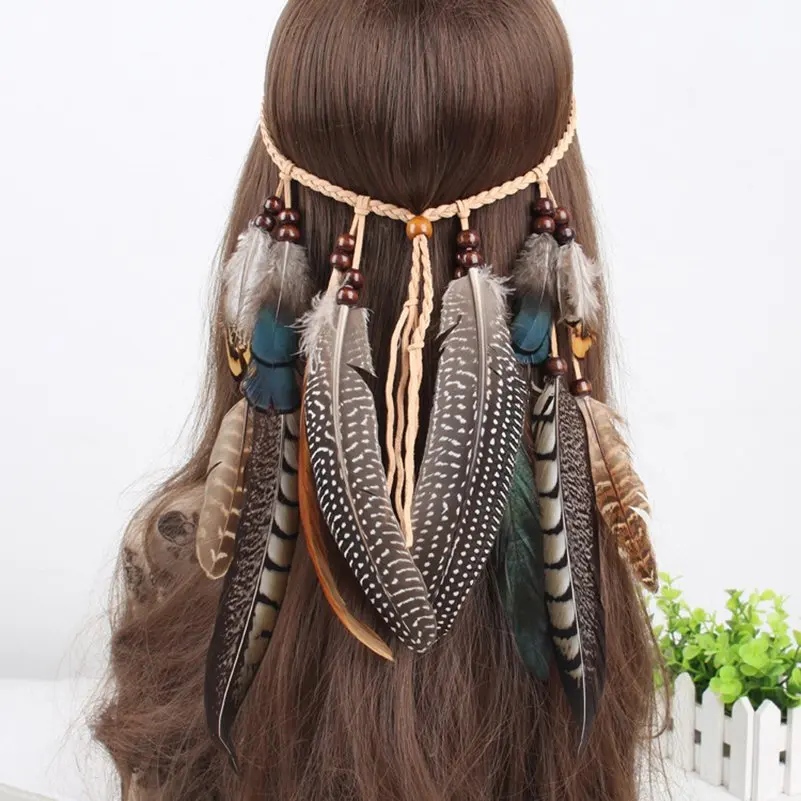 2023 New Fashion Boho Feather Headband for Women Festival Hair Accessories Peacock Feather Turban Ladies Adjust Hairband