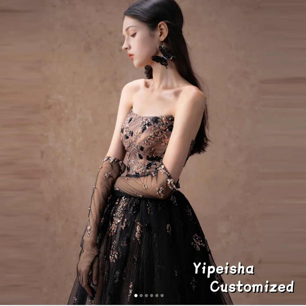 Vestidos de Noche negros de lujo, Apliques de encaje de cristal para mujer, fiesta de boda, vestido de graduación árabe personalizado