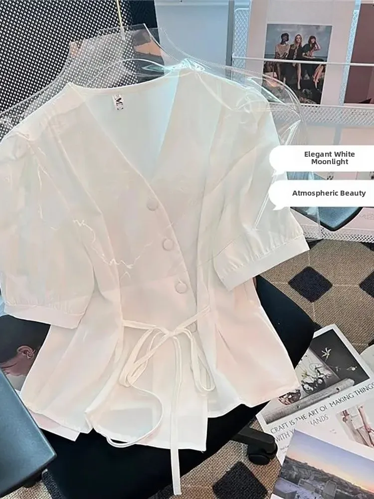

Elegant Short Sleeve Asymmetrical Chiffon Shirt for Women Summer New Style Beautiful Design Waist-Cinching Top Korean Style