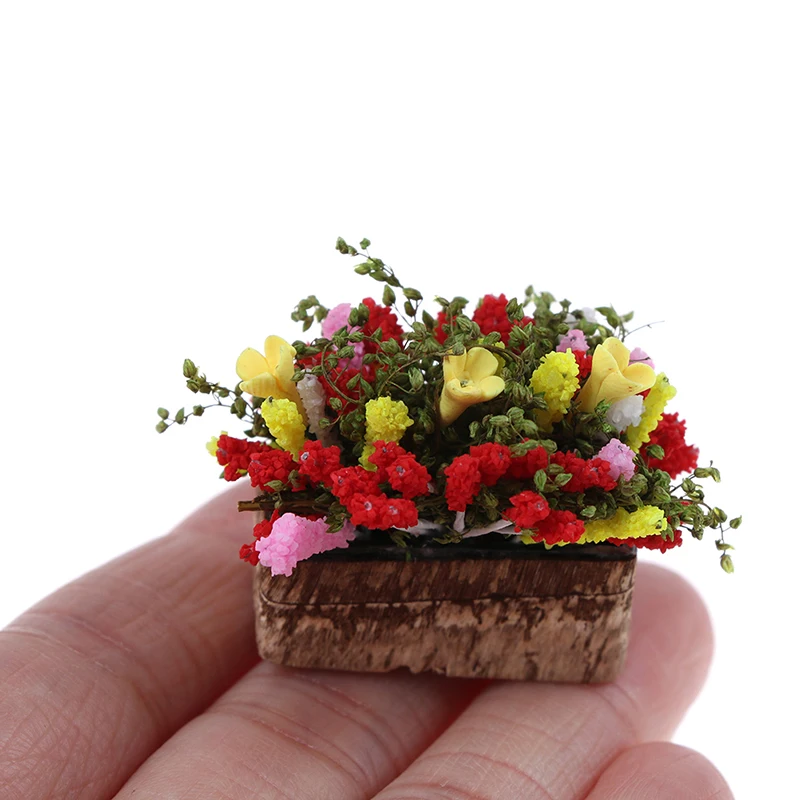

1Pc Dollhouse Miniature Floral Flower Pot Model 1:12 Mini Simulation Flower Bush With Wood Pot Doll House Garden Decor Ornaments