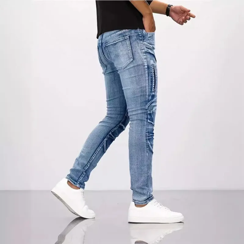 Trendy Jeans Men's Small Straight Leg Denim Design Pants New Slim Fit Small Hole Long Pants High Street Classic High Quality