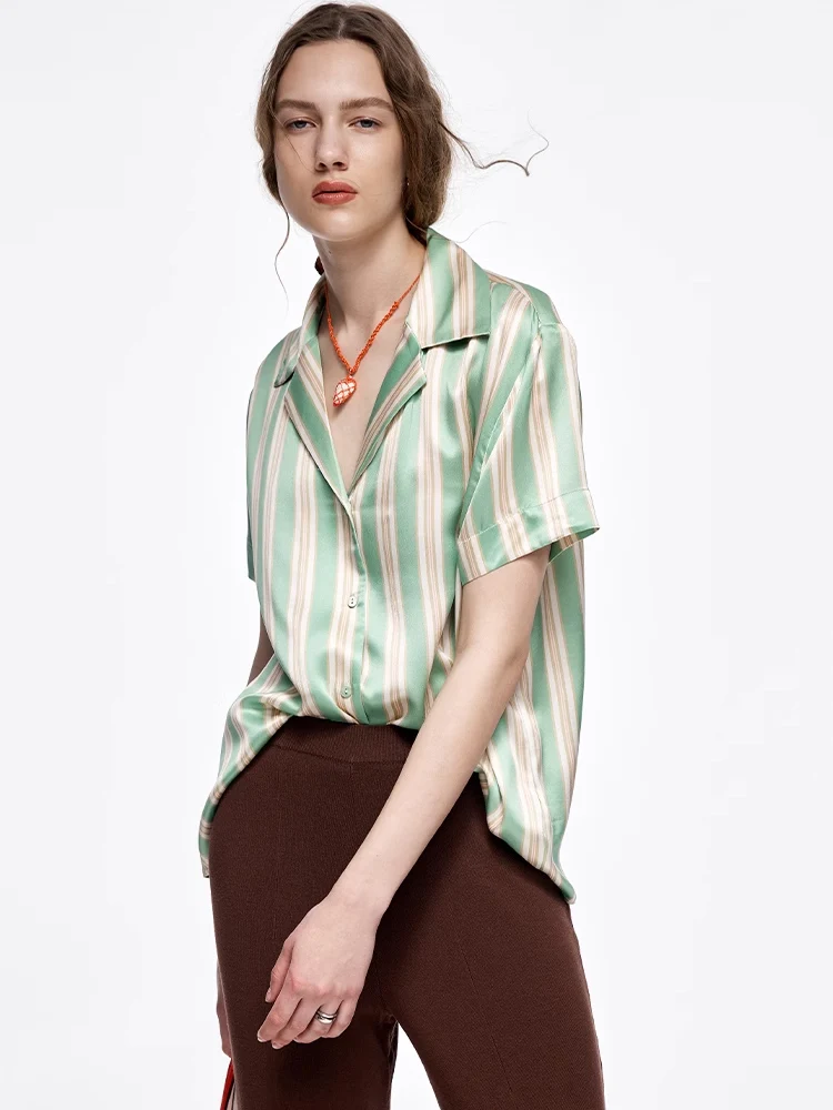 SuyaDream, Women Striped Shirts, 100%Real Silk, Short Sleeves,  Notch Collar Green Blouses, 2024 Spring Summer Chic Top