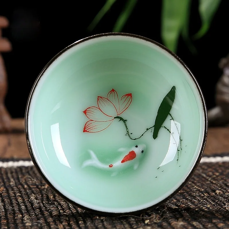 High Quality Celadon Chinese Kung Fu Tea Set Round Flat Lotus Carp Pu'er Tea Cups Hand-painted Ceramic Single Carp Teacup