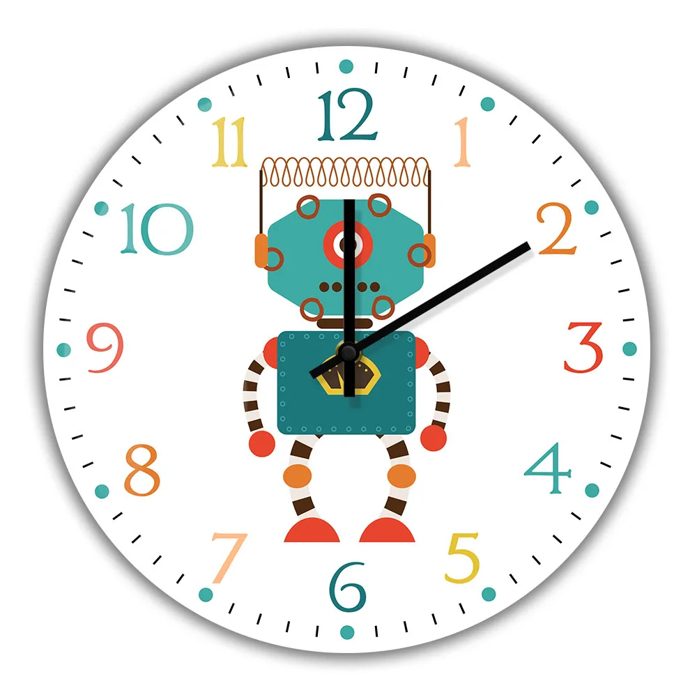 

Retro Style Kids Robot Modern Design Wall Clock For Nursery Boys Room Scientific Home Decor Watch Quiet Sweep Quartz Wall Clock