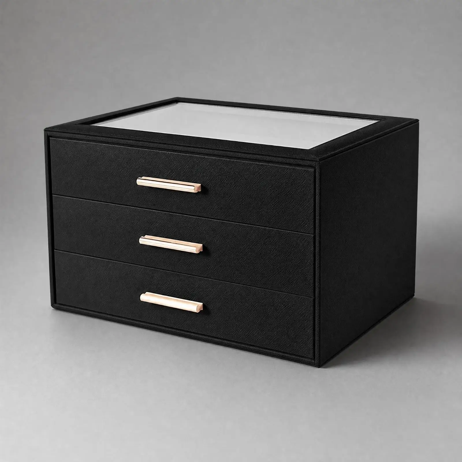 Leather Jewelry Organizer Case with Transparent Top Window and Three Drawers for Vanity Dresser Storage Box