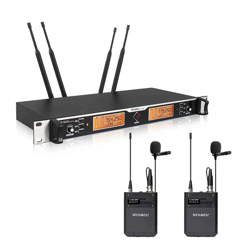 ST-9860S Professional Dual Channel Lapel Microphone Portable Stage Performance Wireless UHF Mic for Church Sermons and Speeches