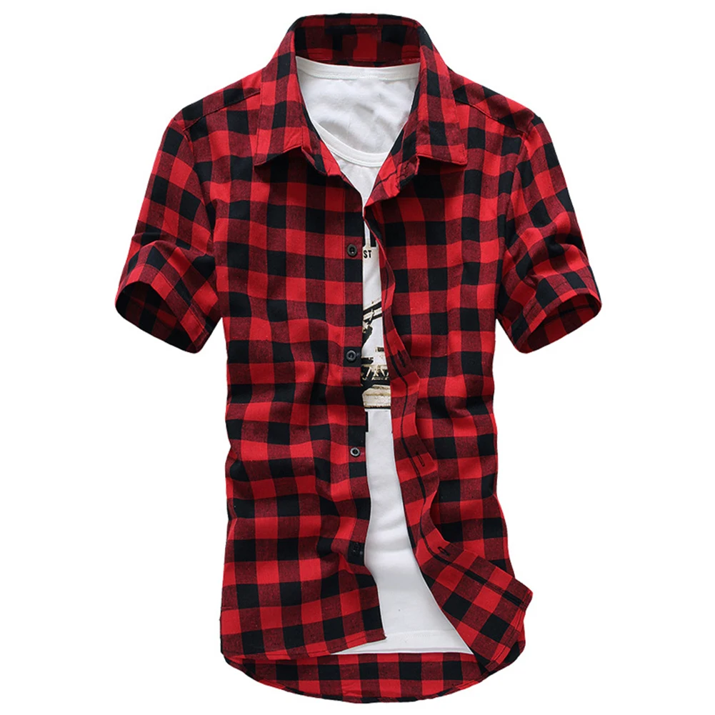 

Collared Down Plaid Sleeve Summer T-Shirt Tops Beach Blouse Button Men Clothing Button Tops Male Shirts Casual