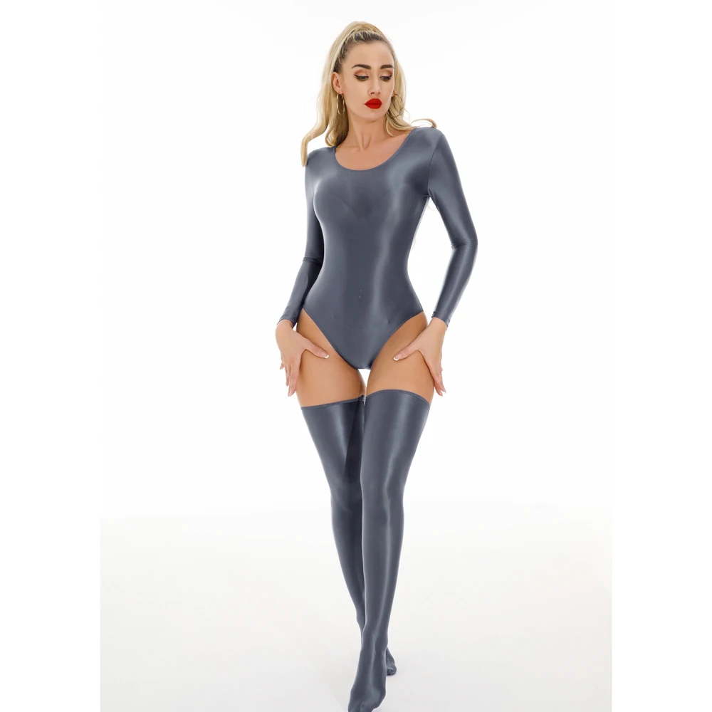 Neuer Unisex Glänzender Langarm-Catsuit Badeanzug Strumpfhose Sexy Body Teddies Elastischer Fitness-Bodysuit Bademode Leotard Unitard – Detail 5
