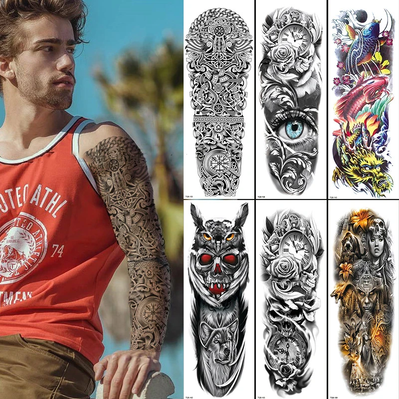 Large Arm Sleeve Tattoo Waterproof Temporary Tattoo Full Arm Body Art Stickers Women Adult Man Semi Permanent Tattoo Lion Rose