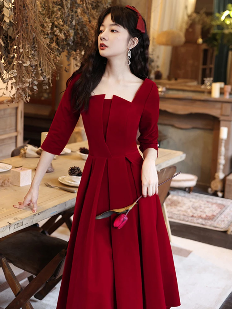 

Velvet Long Sve Wedding Dr Red Wine Color Bridal Dr for Engagement Par Women Return Home Dr High Faion Sense