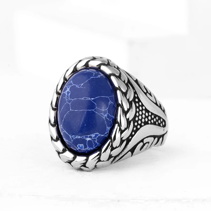 Fashion Vintage Man Boy Round Natural Stones Ring in Stainless Steel Jewelry Mens Accessories Anel Aneis Wedding Gift