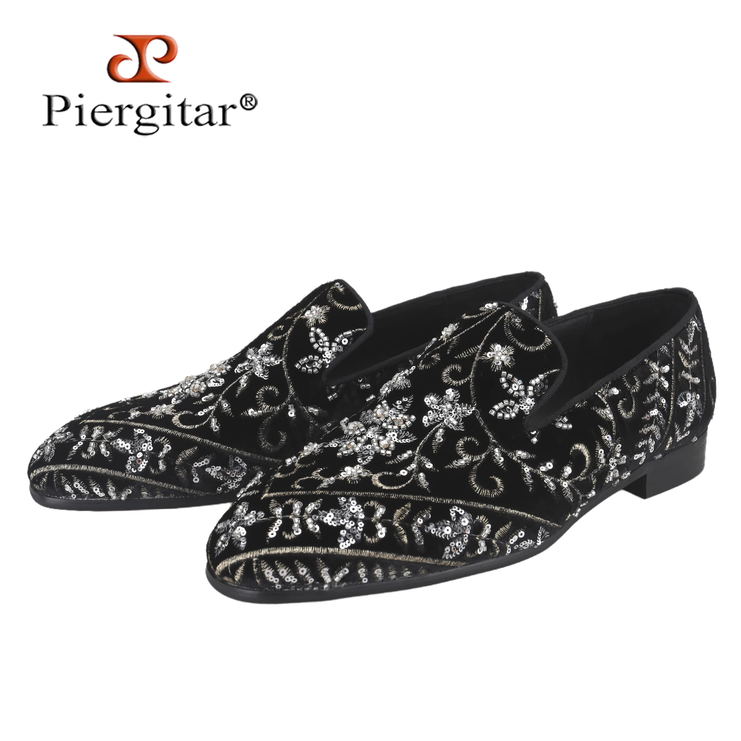 Piergitar Baroque Style Handmade embroidered Sequins Of Mulberry Silk Velvet Gentleman's Loafers Haute Couture Men Slip-On Shoes