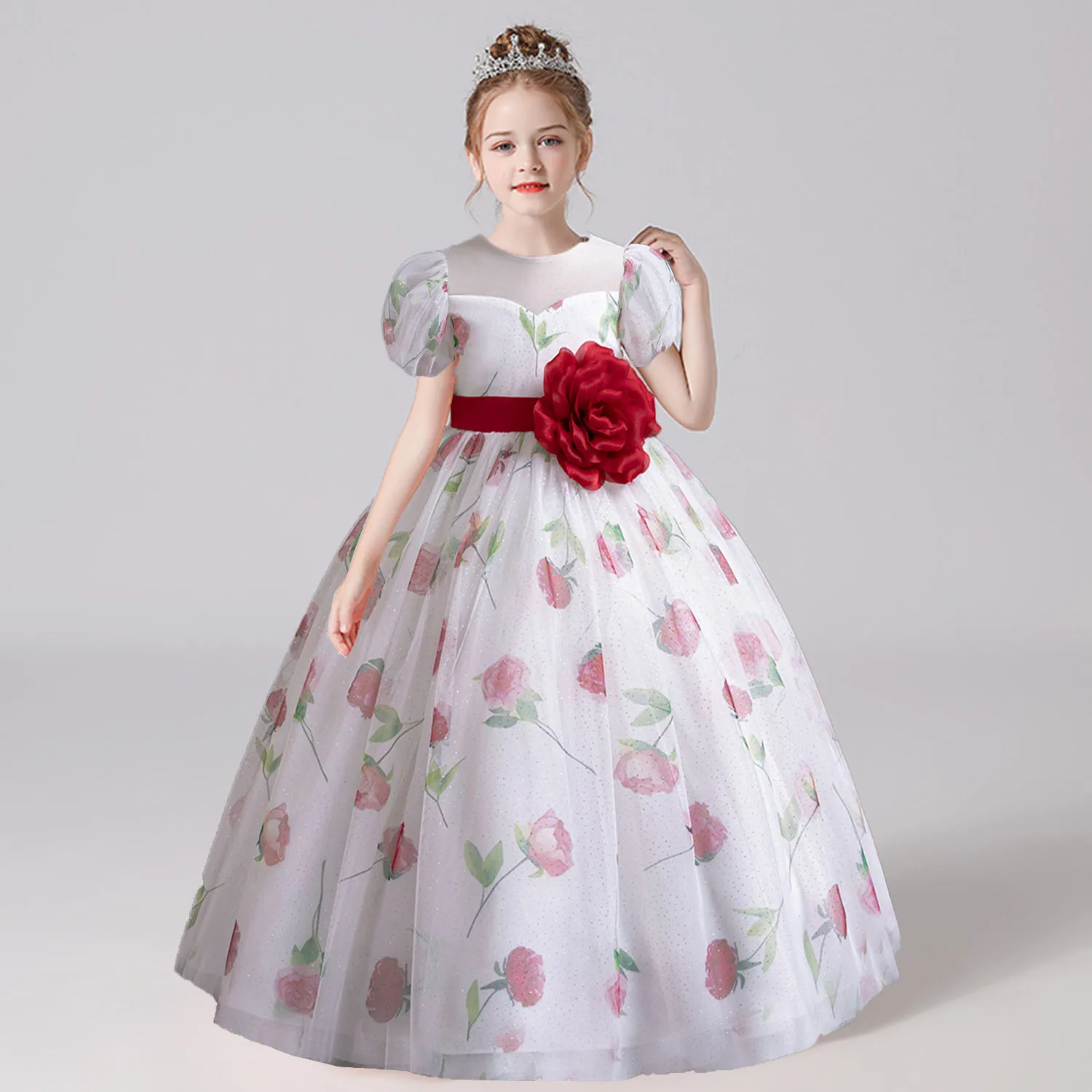 Stunning Little Big Girls Puff Sleeves 3D Flower Appliqued Wedding Flower Girl Birthday Party Formal Long Pageant Dance Dress