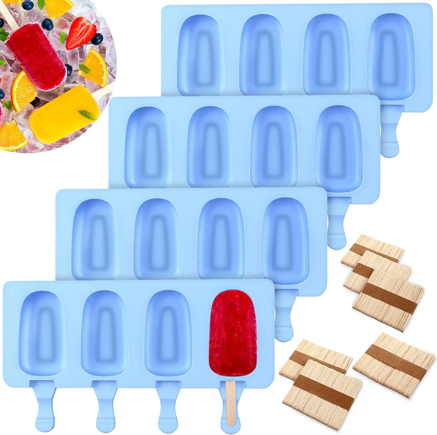 

4-Cavity Silicone Ice Cream Moulds with Sticks for Homemade Popsicles, Blue