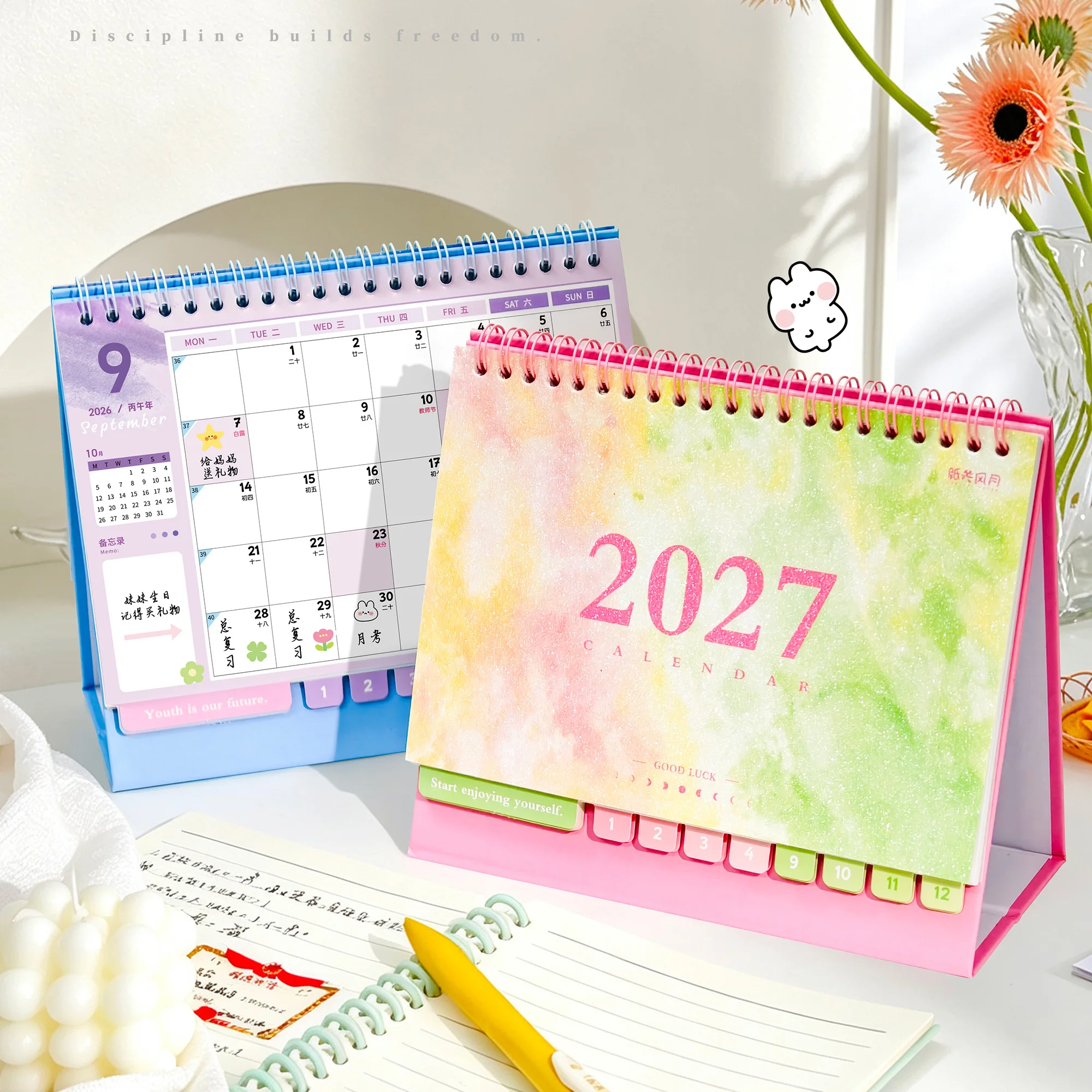 Calendrier de bureau modèle 2027, calendrier mensuel de haute qualité, décoration de bureau, planificateur multifonctionnel pour la gestion de la discipline personnelle, calendrier aux couleurs dégradées simples.