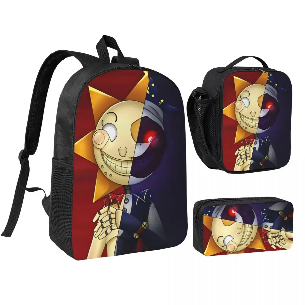 3 قطع/مجموعة حقيبة ظهر لفيلم الشمس والقمر للمراهقين FNAF حقيبة كتف حقيبة غداء مقلمة