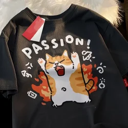 ZAZOMDE Loose Short Sleeved T-shirt For Men Women Original Japanese Fashion Brand Couple Pure Cotton Passion Cat Tee Top 2025