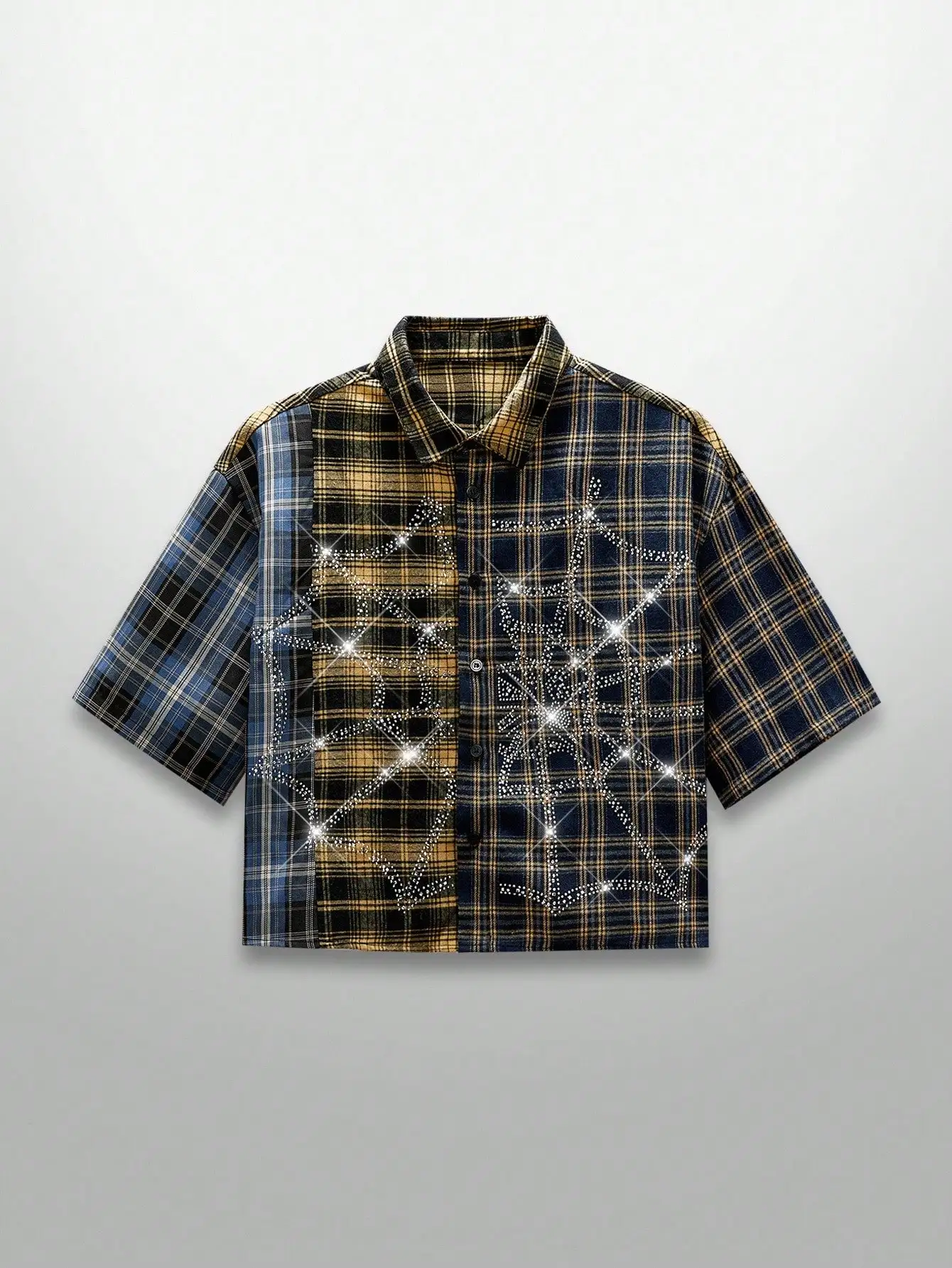 

Men's Patchwork Plaid Short Sleeve Shirt with Rhinestone Spiderweb Design for Halloween