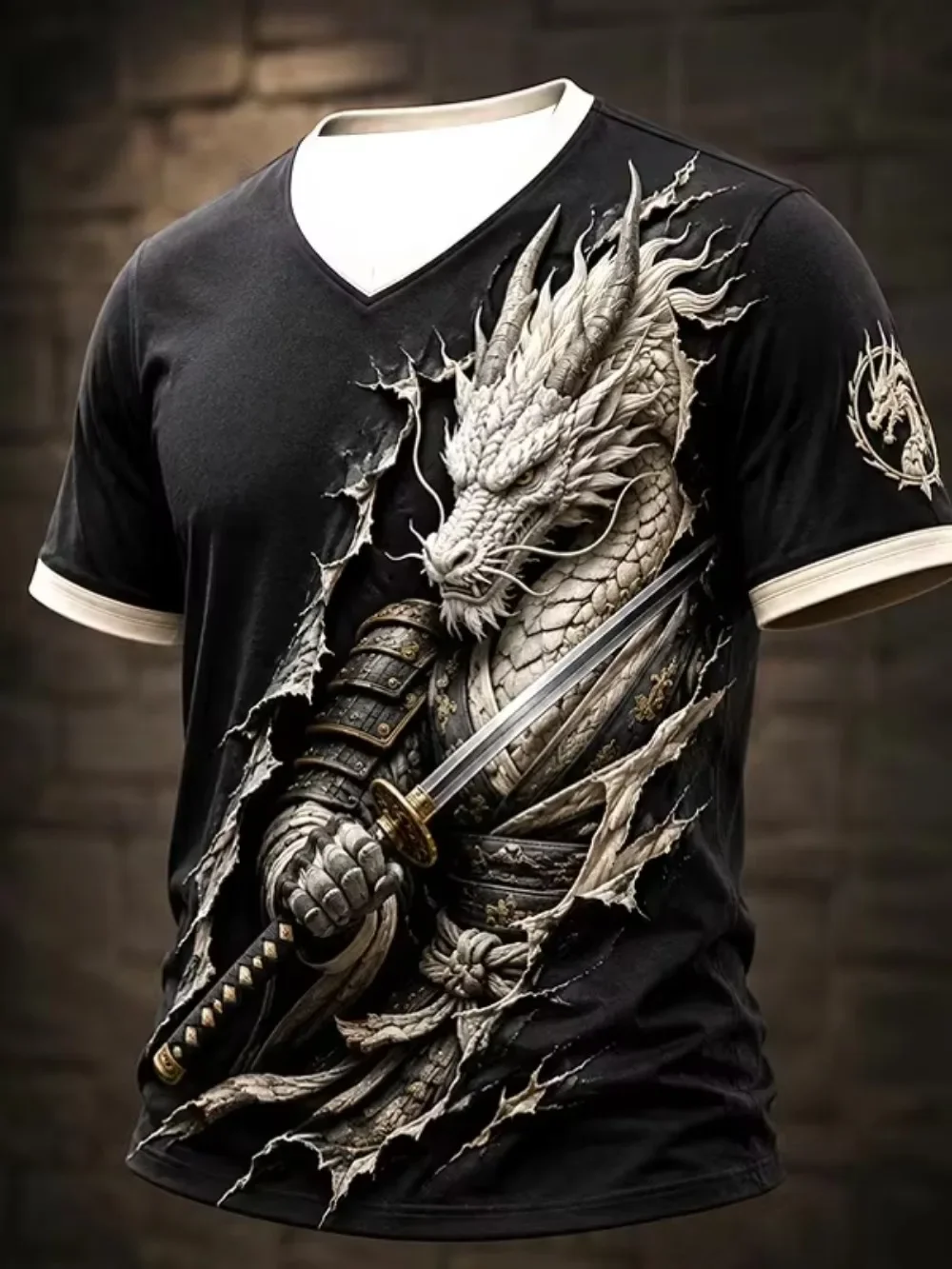 Fashion White Dragon Warrior Pattern 3D Print Casual Street Punk Outdoor Fitness Men Plus-size V-neck T-shirt Large parent-child