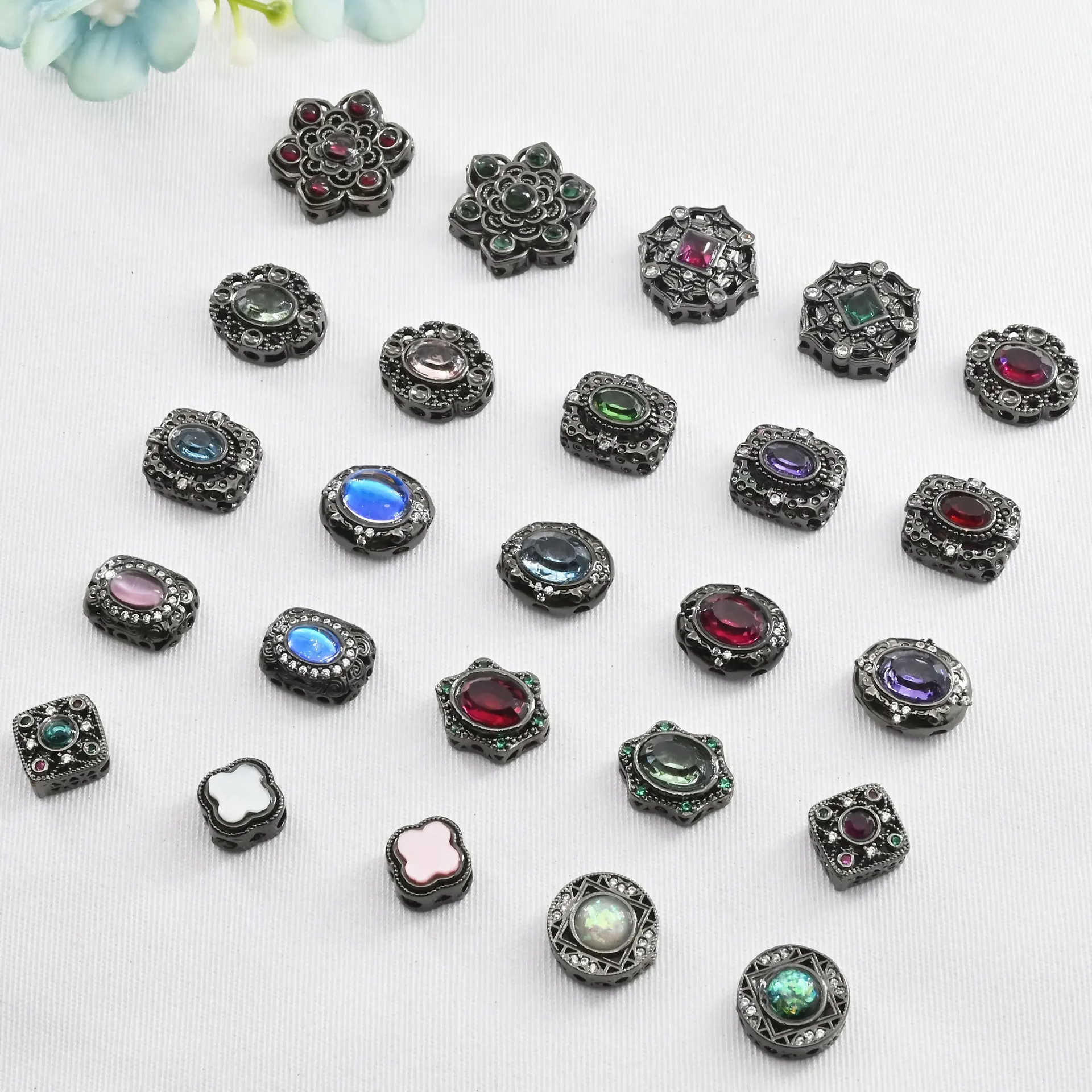 5pcs Copper Plated Gun Black Inlaid with Colored Zircon Pendant Hollow Bead DIY Bracelet Necklace Jewelry Material Accessories