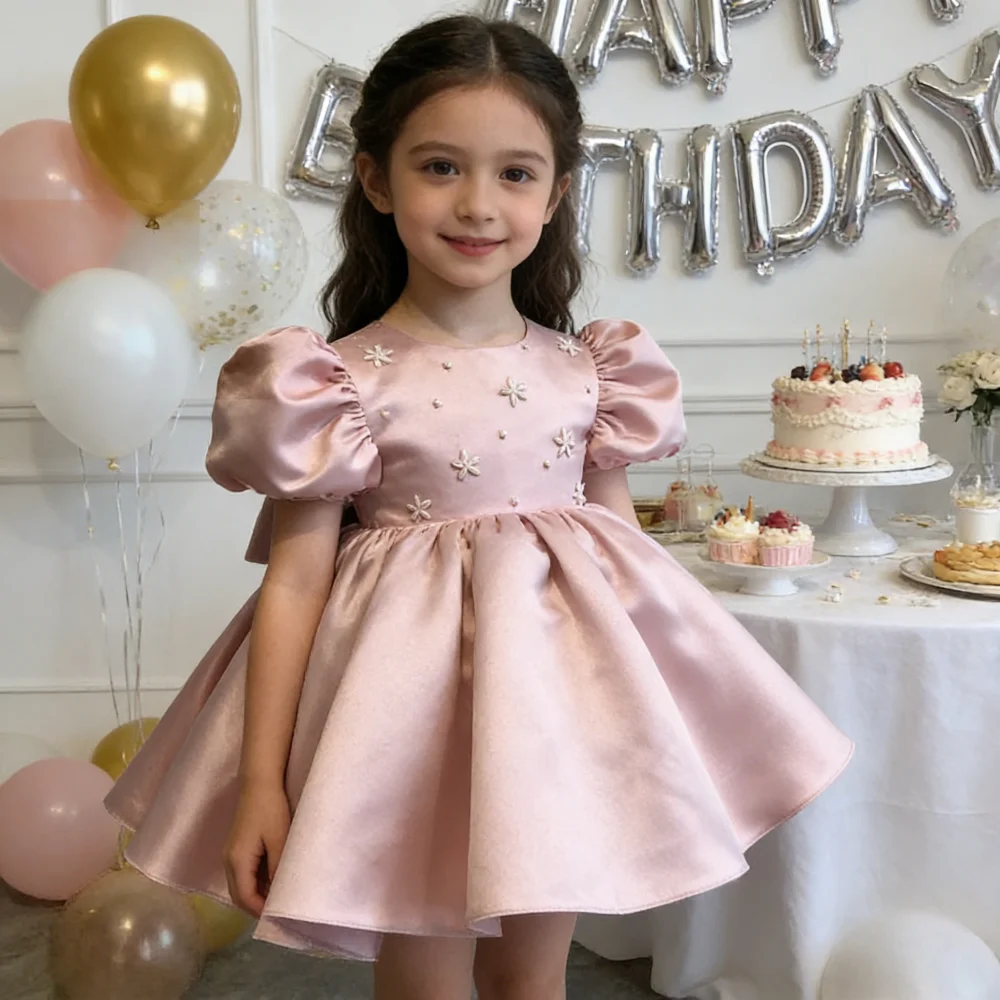 

Праздничное платье для девочек 2026 года, синее, элегантное, для крещения, с рукавами, однотонное, бальное, на первый день рождения, с бисером, пышное