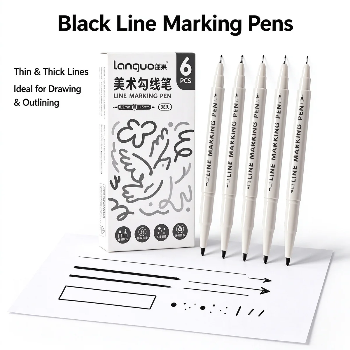 6 Pack Minimalist Line Marking Pens, Ideal for Sketching, Drawing & Journaling, Smooth Ink Flow for Precise Line Art