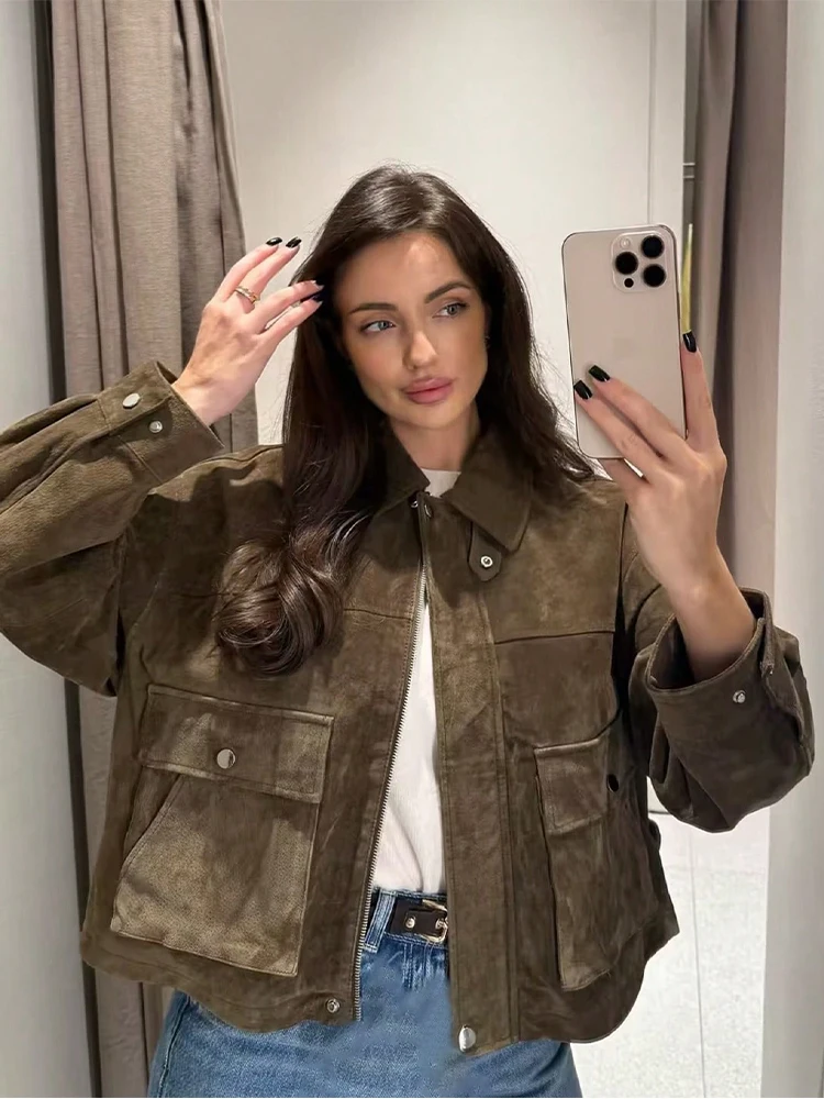 

Женская замшевая куртка SLTNX оливкового цвета, пальто оверсайз с отложным воротником, длинными рукавами и карманами, уличная одежда для осени и зимы