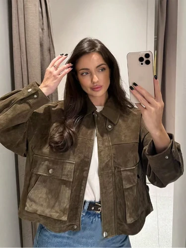 Imagen 1 del producto SLTNX Chaqueta de ante verde oliva para mujer, abrigo con solapa extragrande, manga larga, con bolsillos, estilo urbano, para otoño e invierno